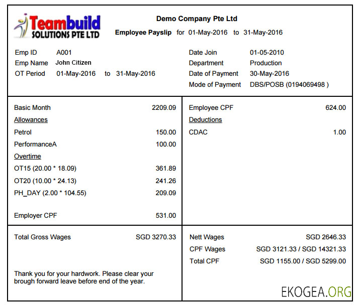 TEAMBUILD solutions Ptr Ltd fiche de paie aux formats Word et PDF